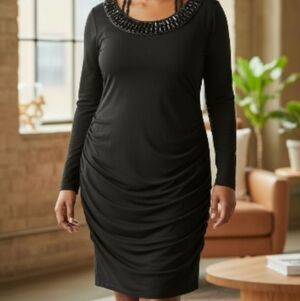 Elegant Black Long Sleeve Dress with Embellished Neckline
